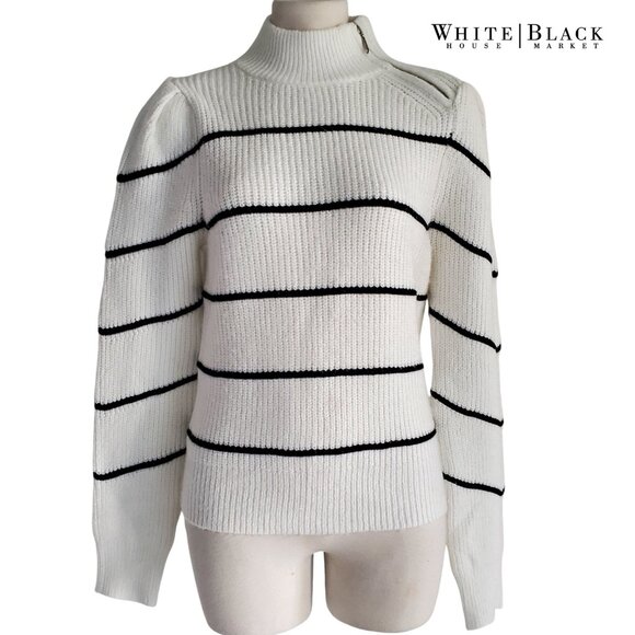 WHBM NWT Side Zip Mock Neck Detail Striped Sweater Puffy Sleeves S - Picture 1 of 13